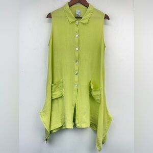 Match Point size Medium Women’s Green Linen Boho Sleeveless Button Up Tunic Top